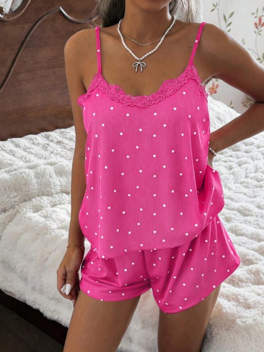 Hot Pink Romantic Women's polka dot 2 piece Pajama Set - Picture 4 of 5